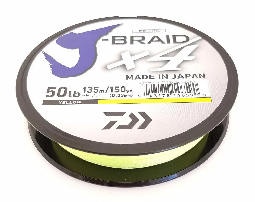 Daiwa J Braid X4 Braided Line 150 Yards Fluorescent Yellow