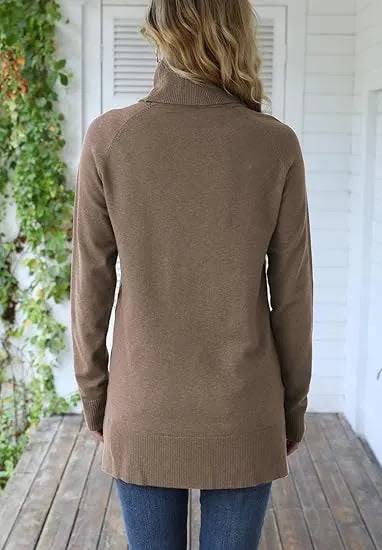 Women's Turtleneck Side Split Long Sleeve Pullover Sweater