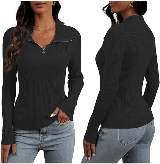 Women's Half Zip Ribbed Knit Pullover Sweater