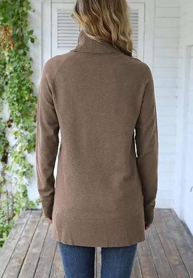 Women's Turtleneck Side Split Long Sleeve Pullover Sweater