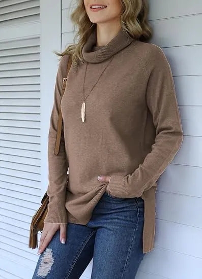 Women's Turtleneck Side Split Long Sleeve Pullover Sweater