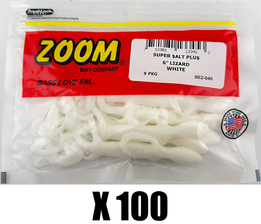 Zoom Lizard 6 Inch White Creature Bait MEGA BLOWOUT 100 Packs