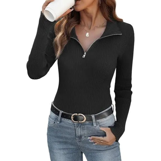 Women's Half Zip Ribbed Knit Pullover Sweater